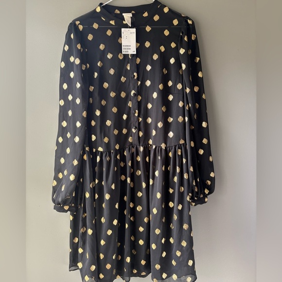 NWT, H&M size M,Elegant Black and Gold spotted Women's Dress. MIDI - Picture 2 of 7